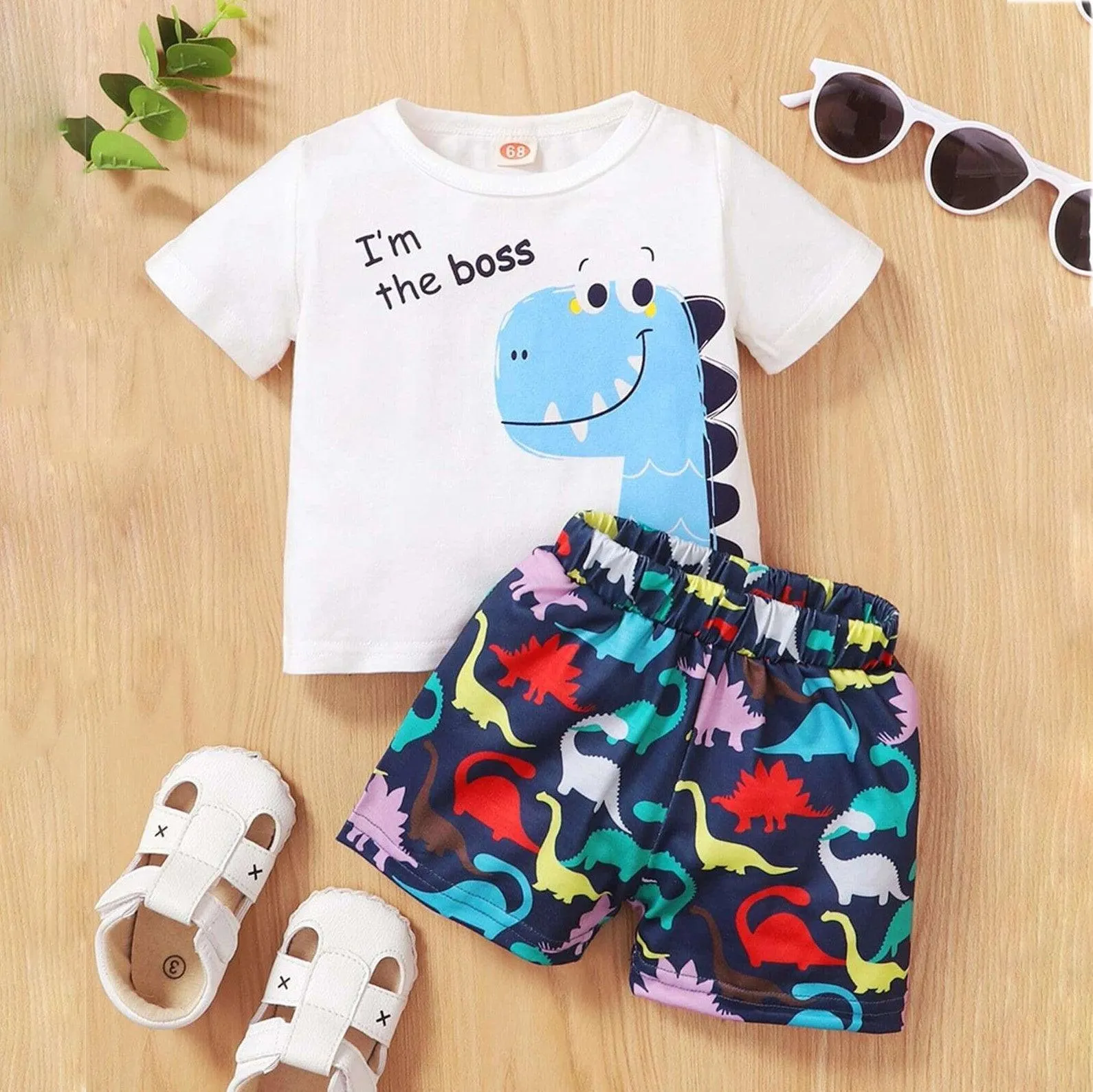 2 Pieces Set Baby Boys Cartoon Print T-Shirts And Dinosaur Shorts