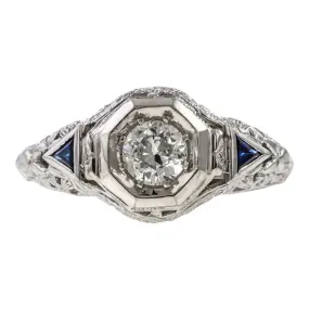 Art Deco Filigree Diamond Ring, Old Euro 0.45ct.