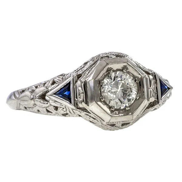 Art Deco Filigree Diamond Ring, Old Euro 0.45ct.