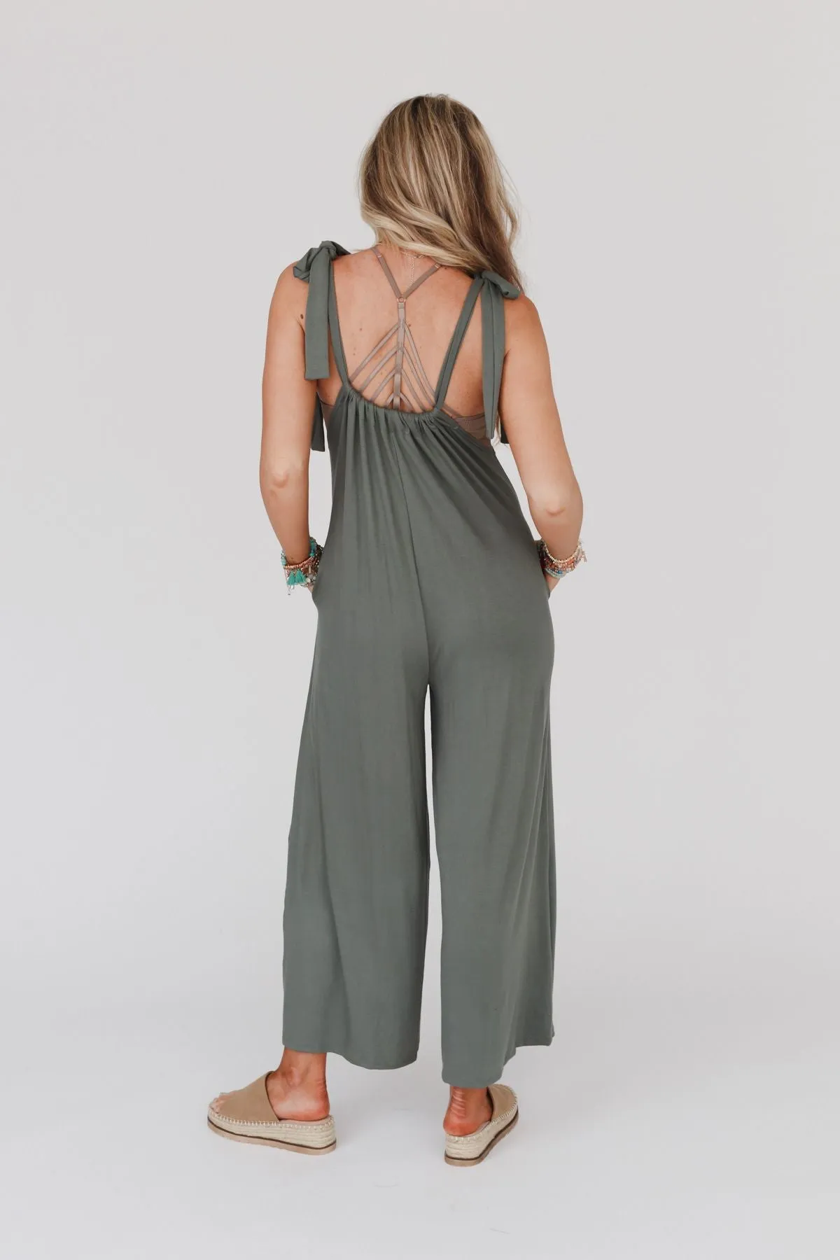 Forever Relaxed Gathered Jumpsuit - Light Olive