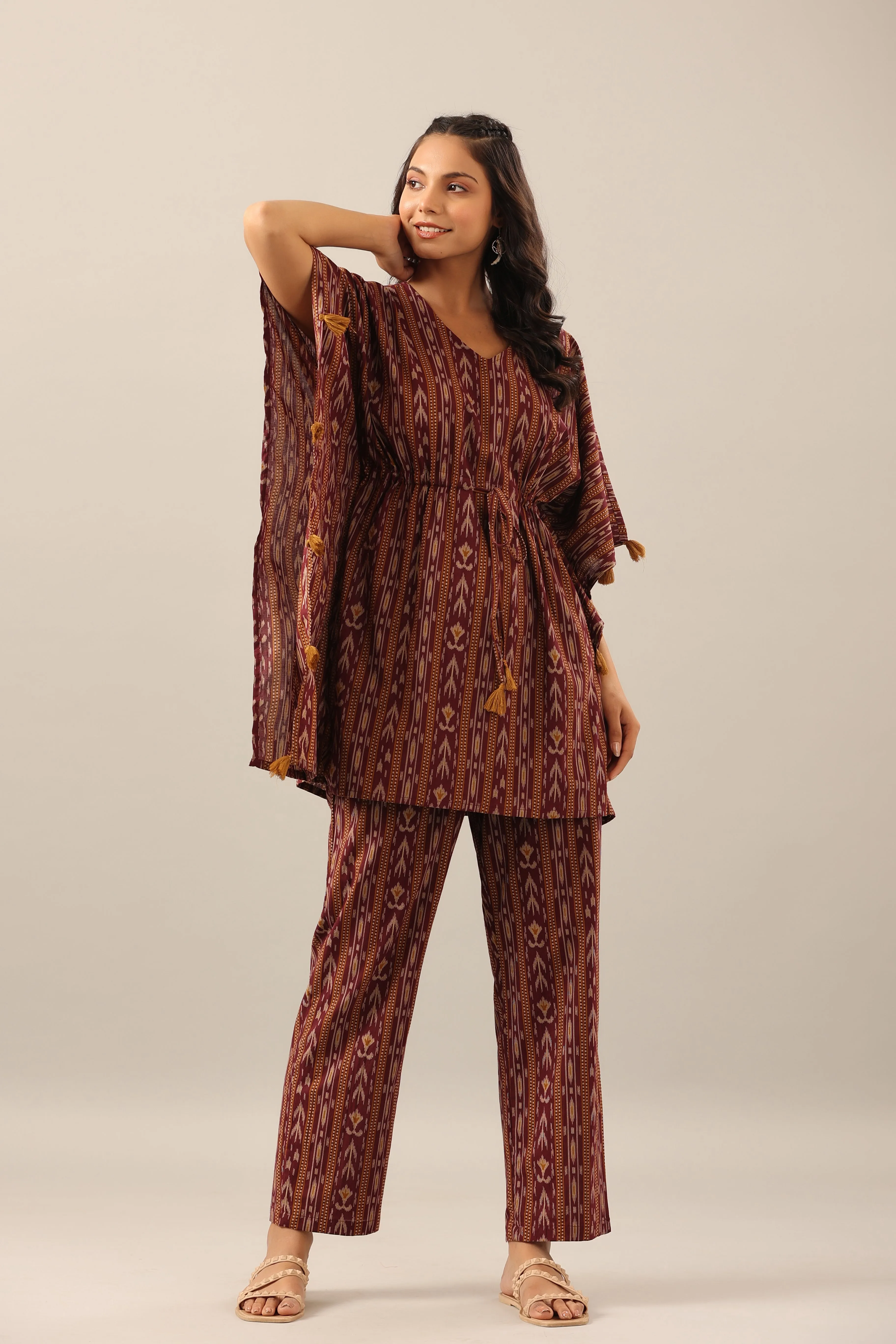 Ikat Stripes on brown cotton Kaftan Pajama Set