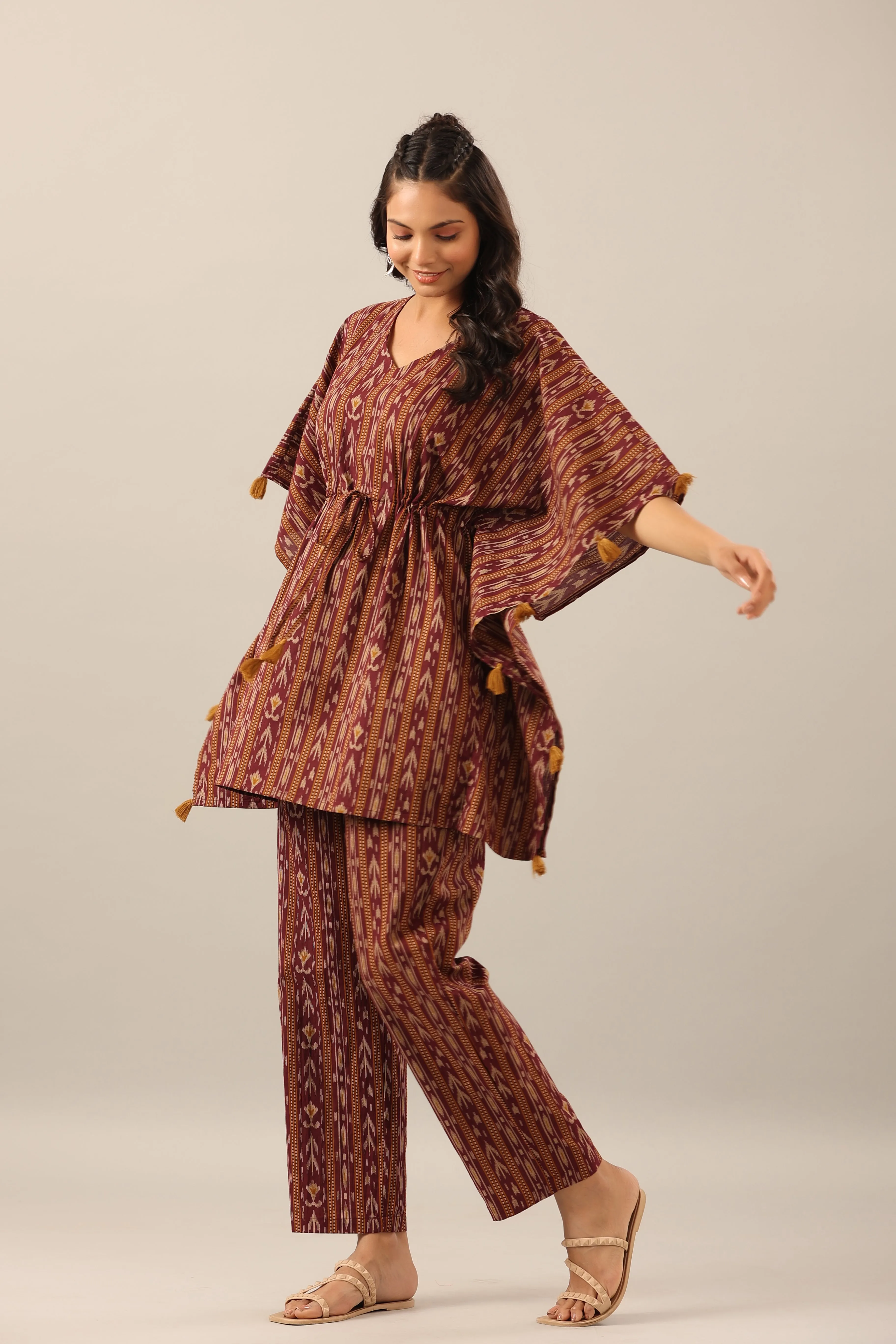 Ikat Stripes on brown cotton Kaftan Pajama Set