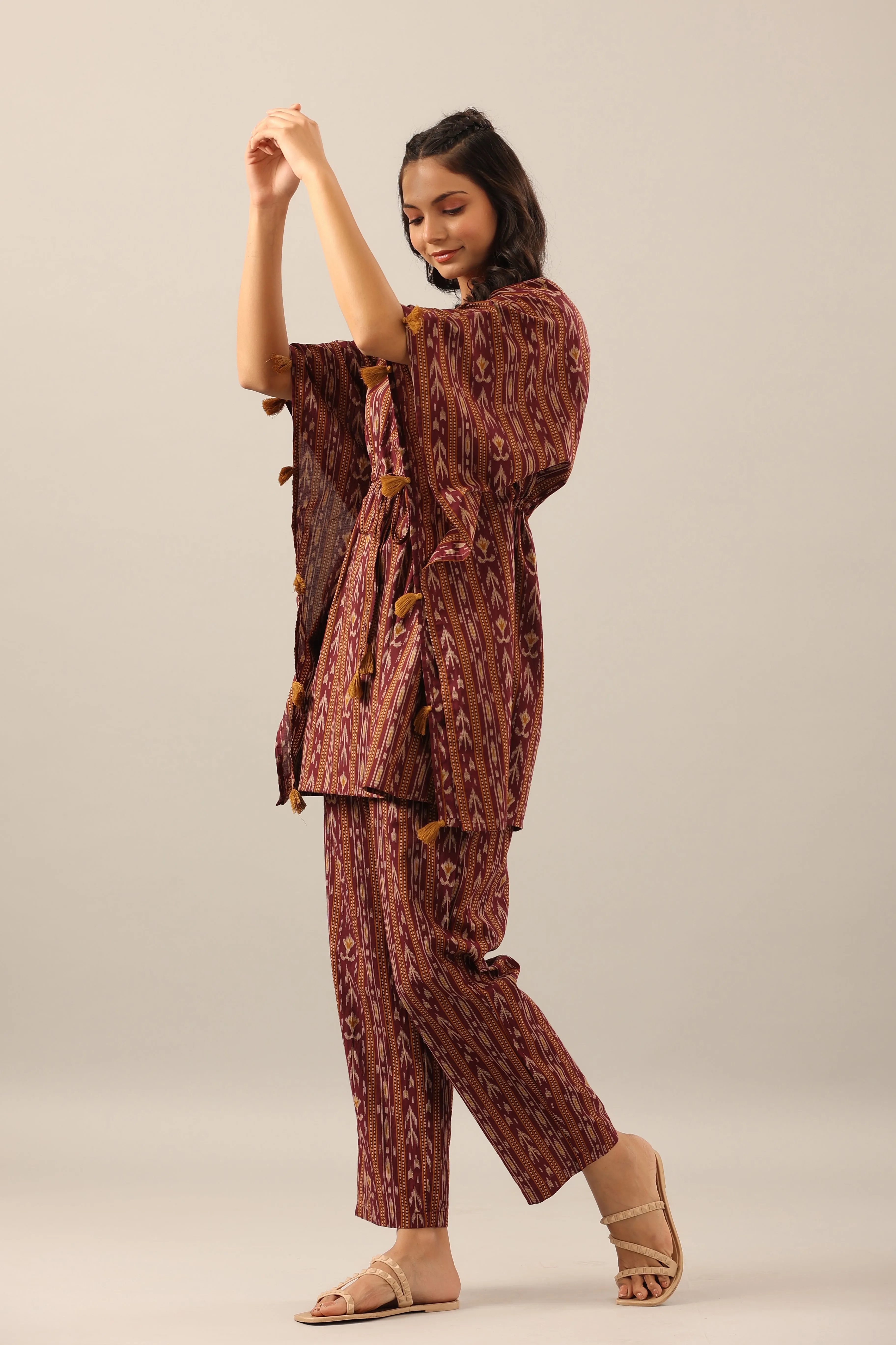 Ikat Stripes on brown cotton Kaftan Pajama Set