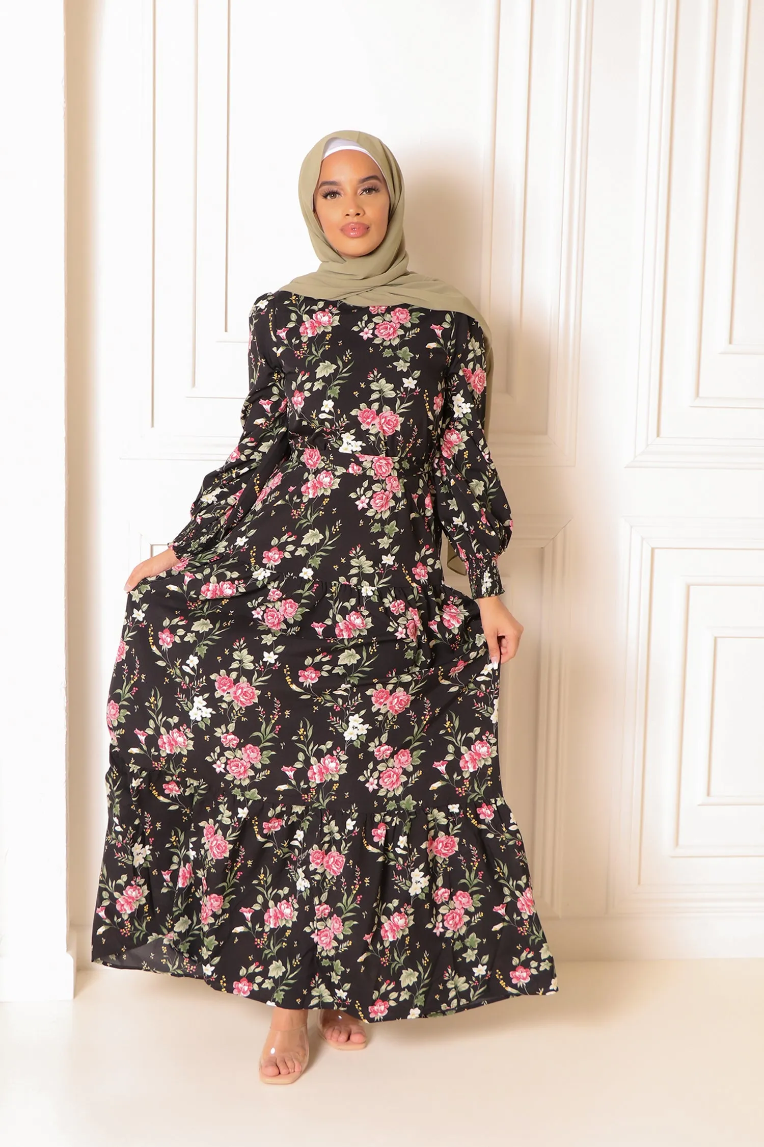 Nova Smock Floral Satin Dress- Black