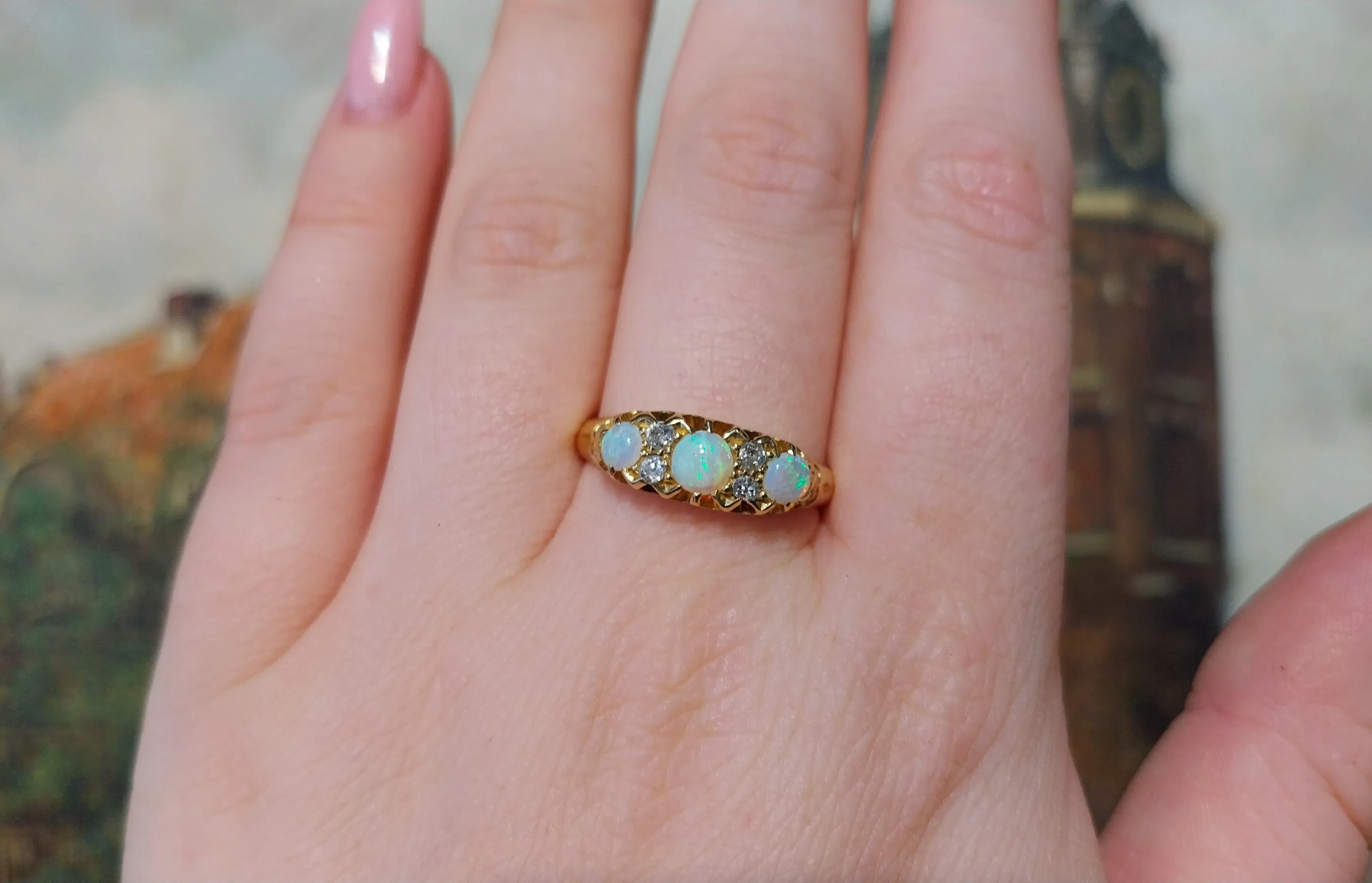 Opal and old cut diamond ring from 1896