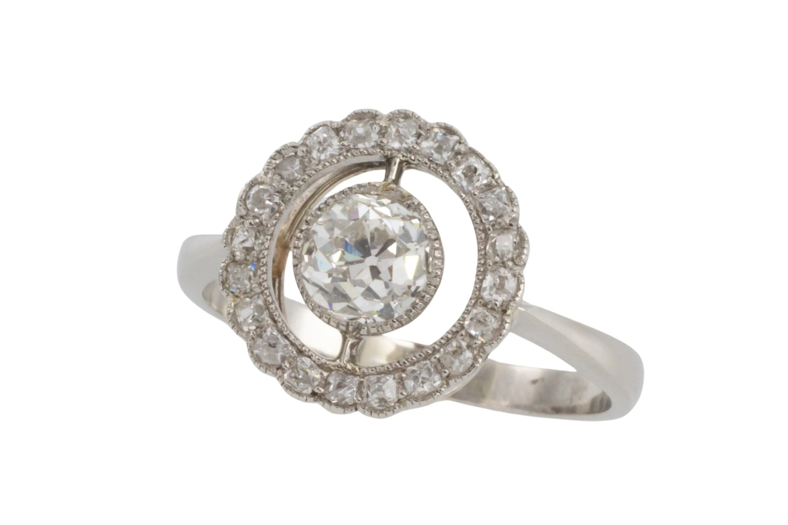 Platinum target ring with old cut diamonds