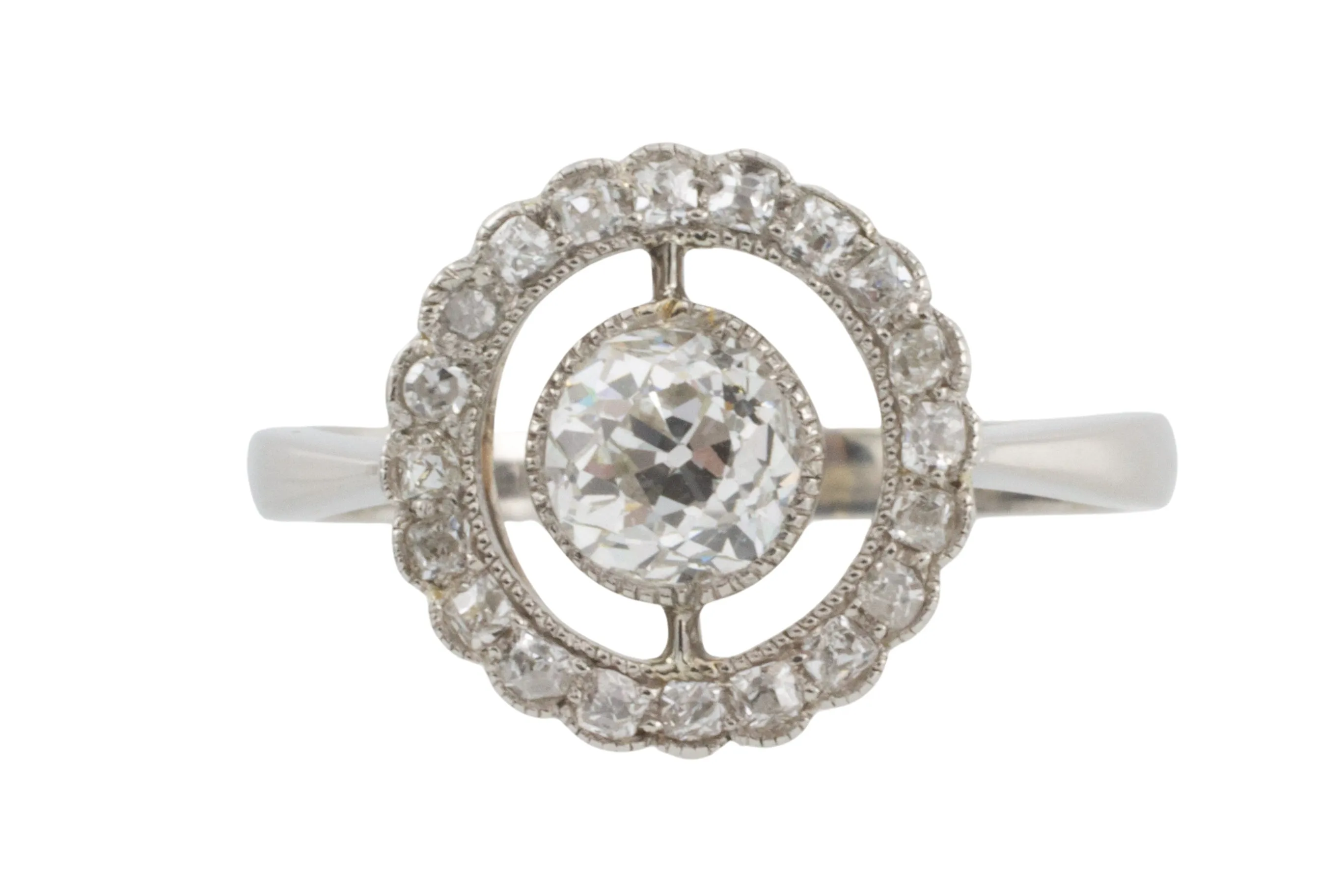 Platinum target ring with old cut diamonds