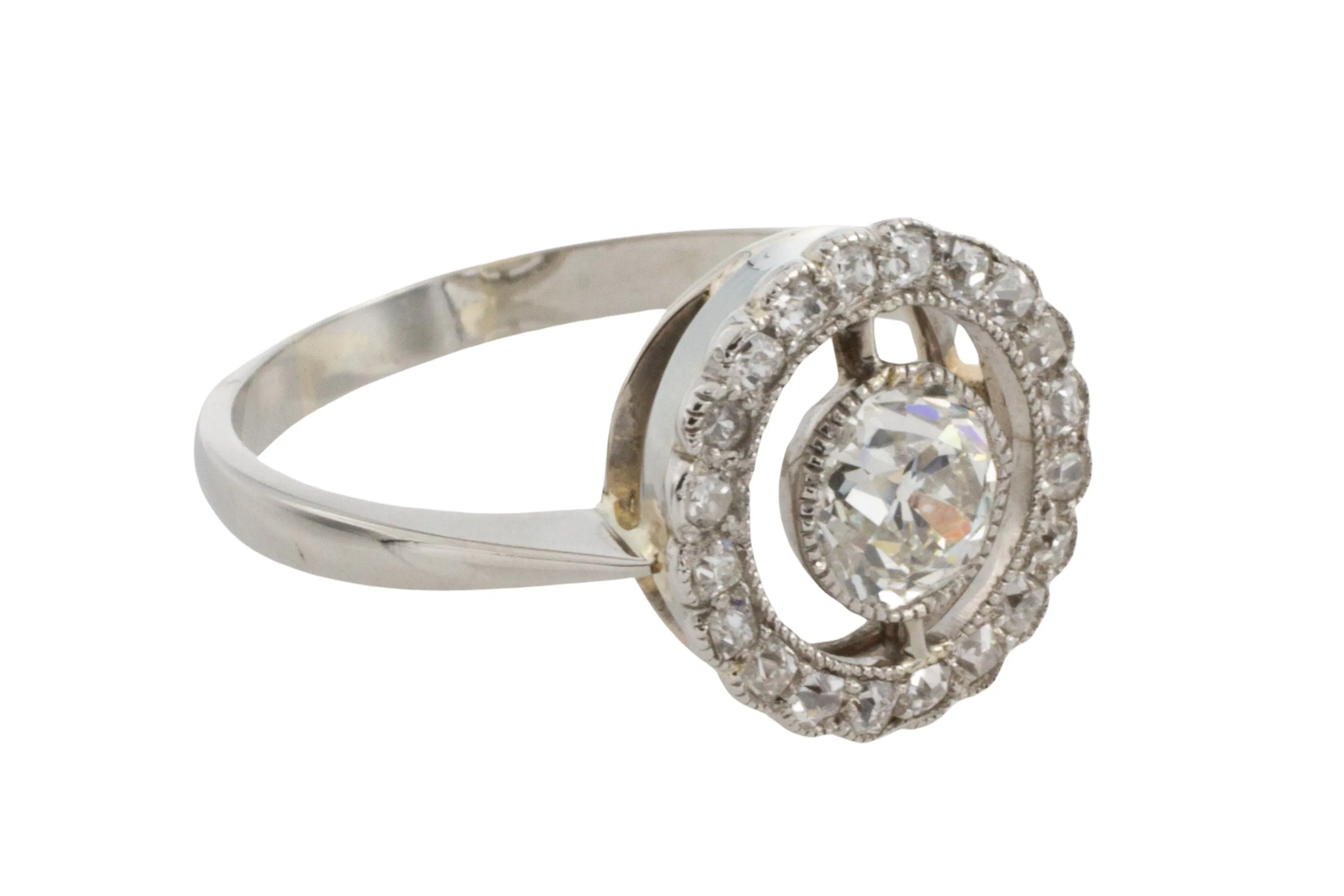 Platinum target ring with old cut diamonds