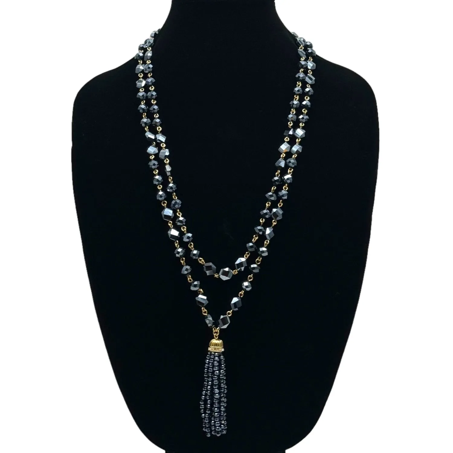 TALBOTS Black Crystal Beaded Double Strand Necklace with Tassel