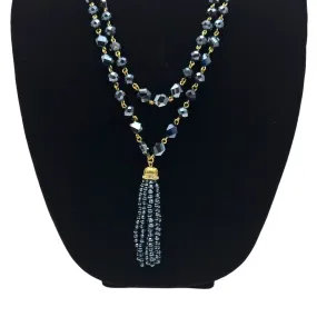 TALBOTS Black Crystal Beaded Double Strand Necklace with Tassel