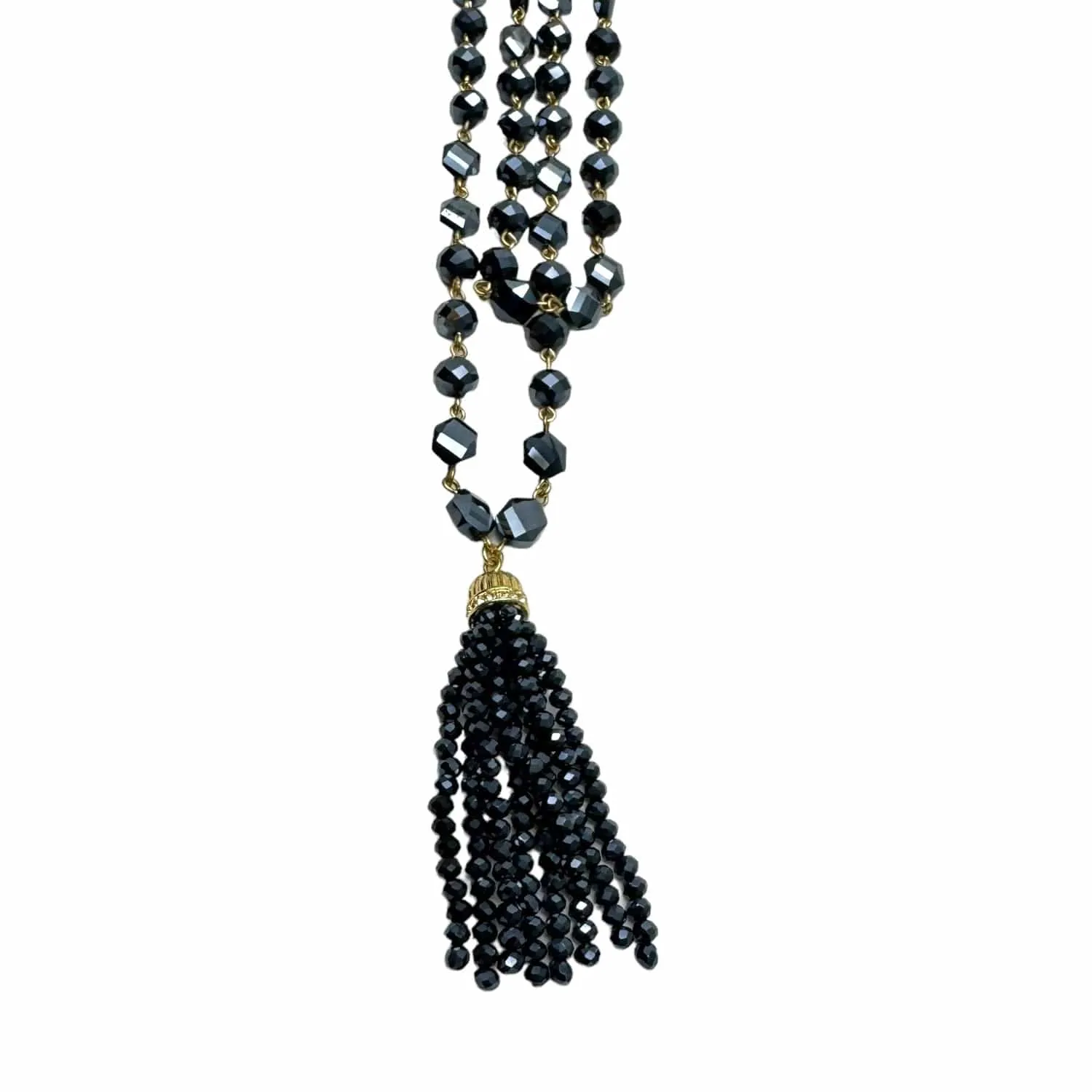 TALBOTS Black Crystal Beaded Double Strand Necklace with Tassel